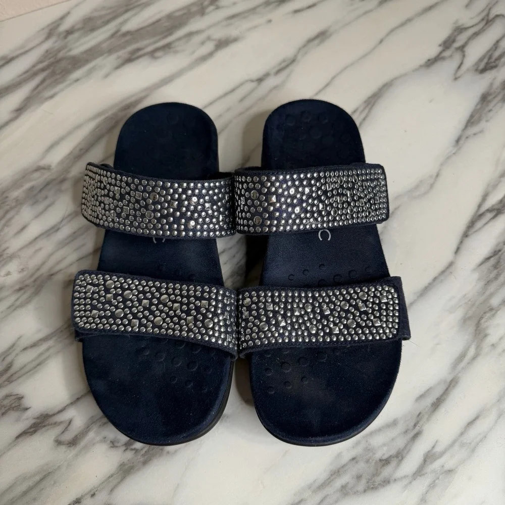 Vionic Samoa Double Strap Slide Sandals Sz 7 Blue Studded Suede Leather Comfort